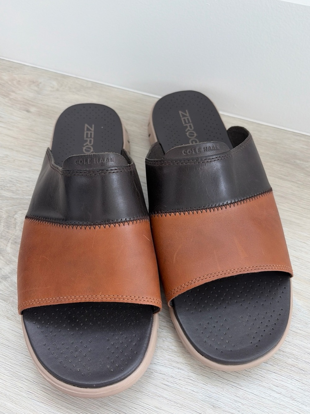 Cole Haan Brown Two Tone Leather Open Toe Slide Sandals Men Size 13